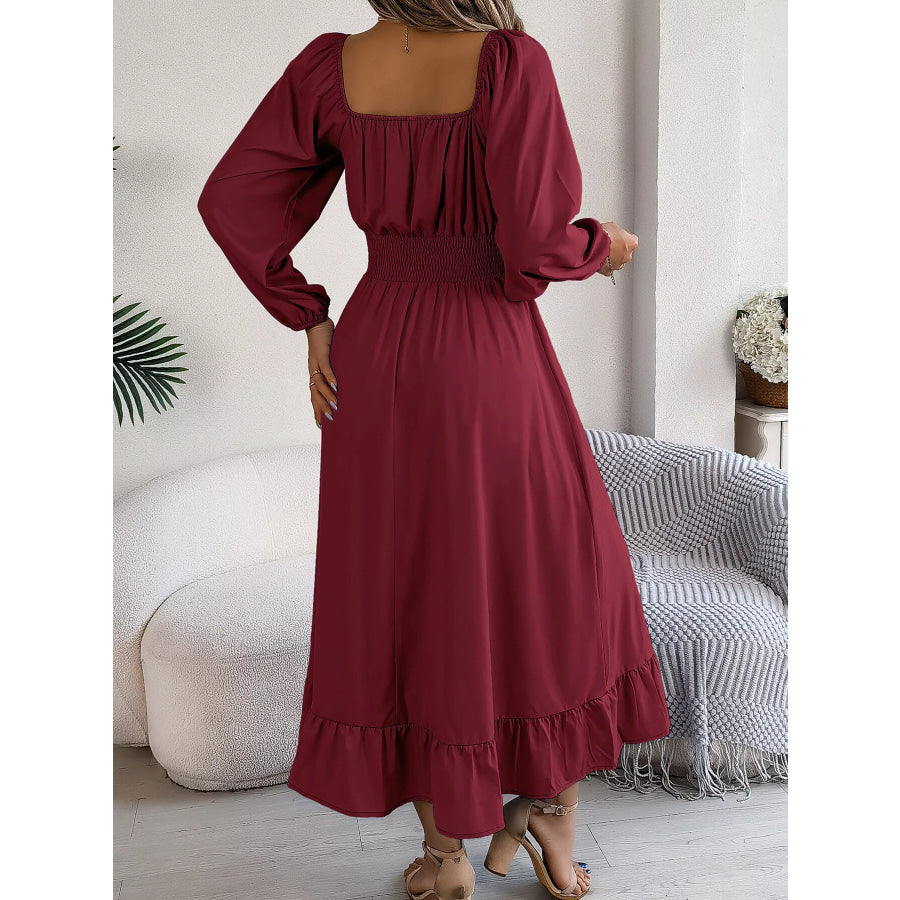 Square Neck Smocked Waist Long Sleeve Midi Dress Apparel and Accessories