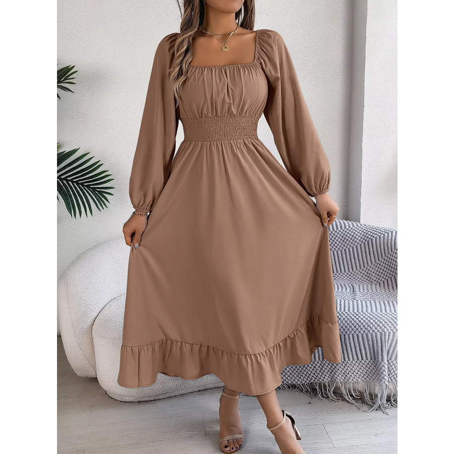 Square Neck Smocked Waist Long Sleeve Midi Dress Apparel and Accessories