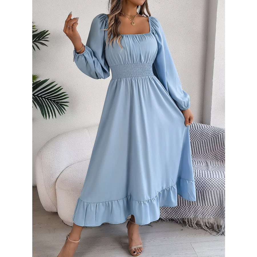 Square Neck Smocked Waist Long Sleeve Midi Dress Apparel and Accessories