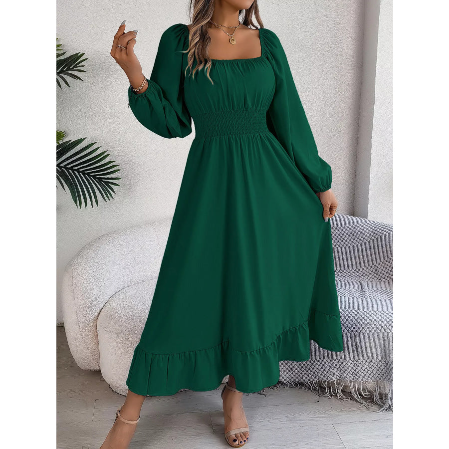 Square Neck Smocked Waist Long Sleeve Midi Dress Apparel and Accessories