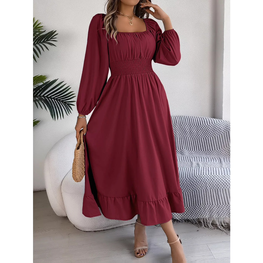 Square Neck Smocked Waist Long Sleeve Midi Dress Apparel and Accessories
