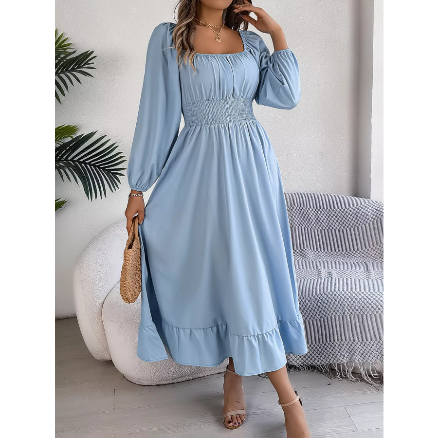 Square Neck Smocked Waist Long Sleeve Midi Dress Apparel and Accessories