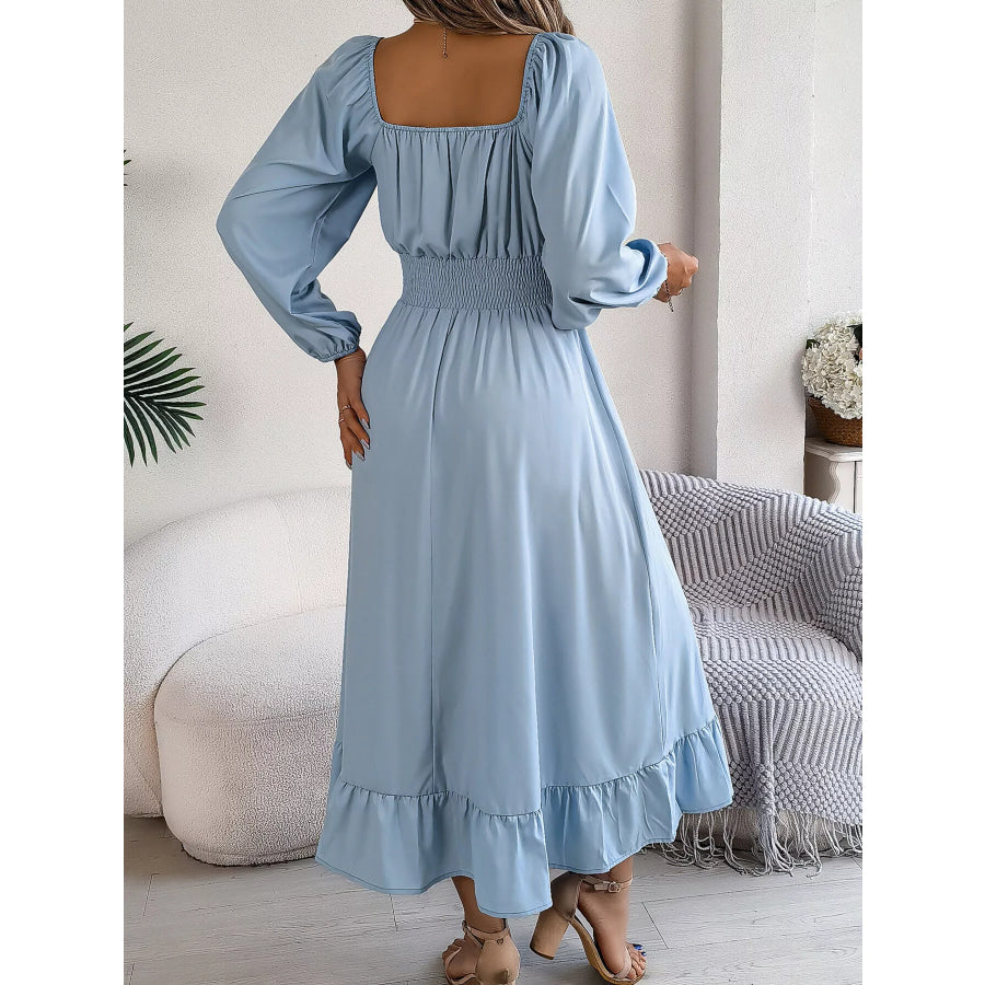 Square Neck Smocked Waist Long Sleeve Midi Dress Apparel and Accessories