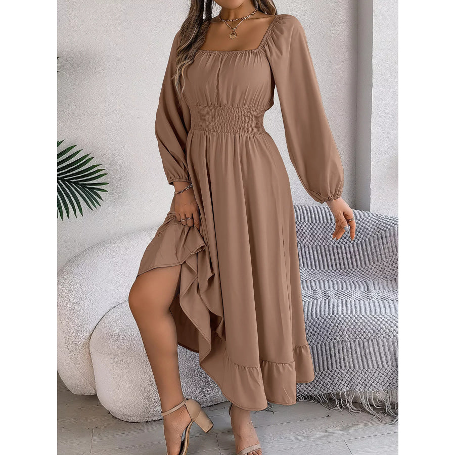 Square Neck Smocked Waist Long Sleeve Midi Dress Apparel and Accessories