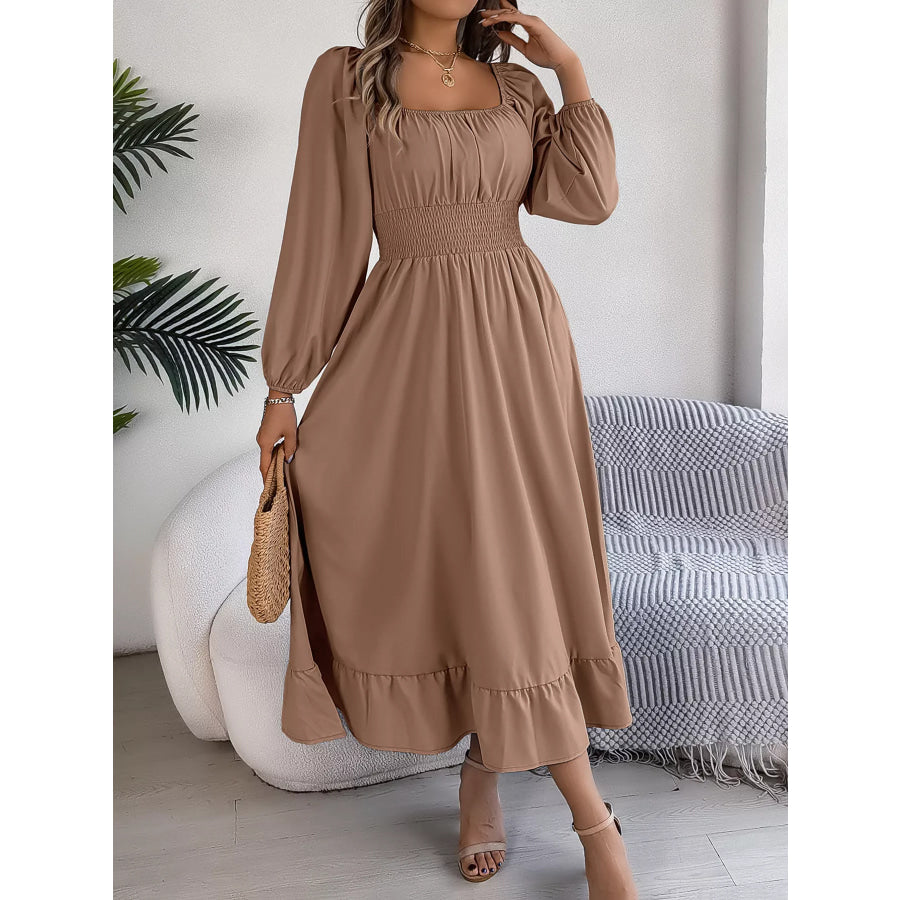 Square Neck Smocked Waist Long Sleeve Midi Dress Apparel and Accessories