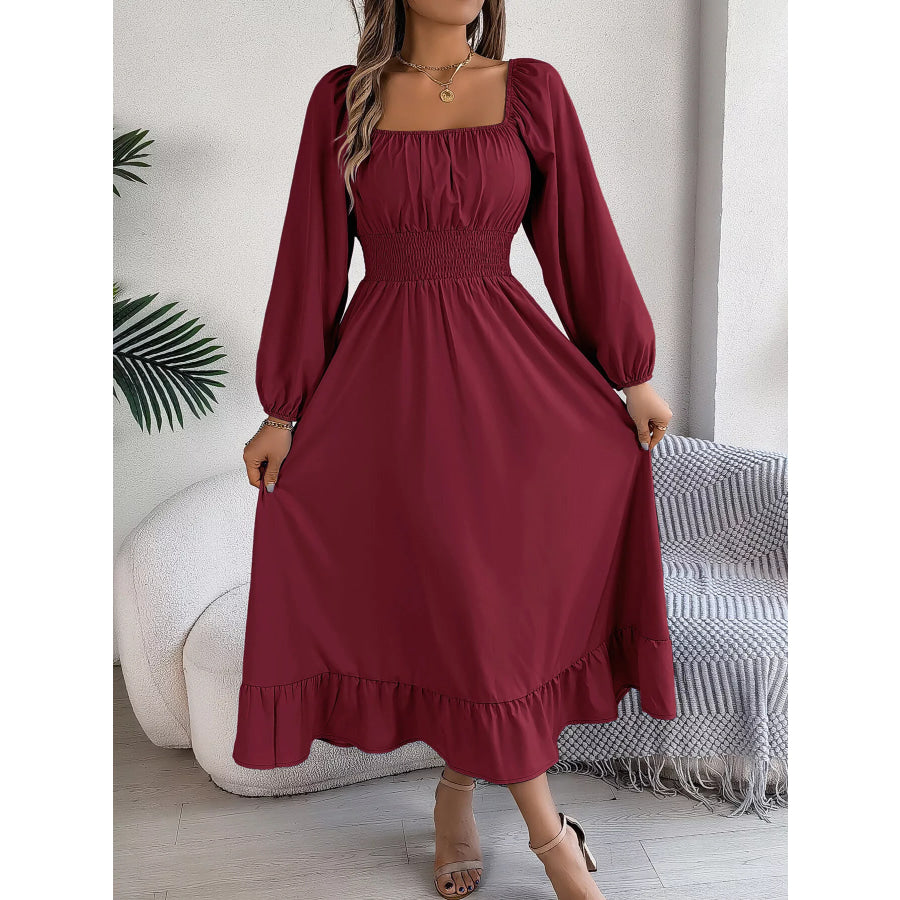 Square Neck Smocked Waist Long Sleeve Midi Dress Apparel and Accessories