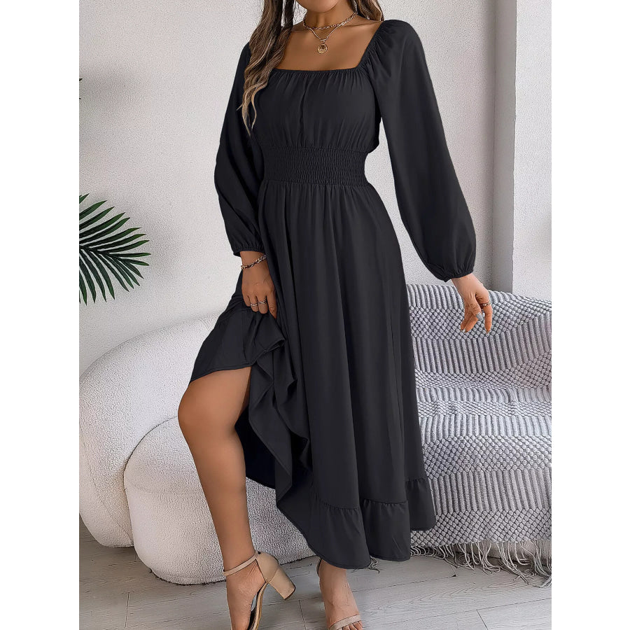 Square Neck Smocked Waist Long Sleeve Midi Dress Black / S Apparel and Accessories