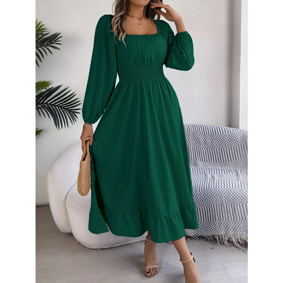 Square Neck Smocked Waist Long Sleeve Midi Dress Dark Green / S Apparel and Accessories