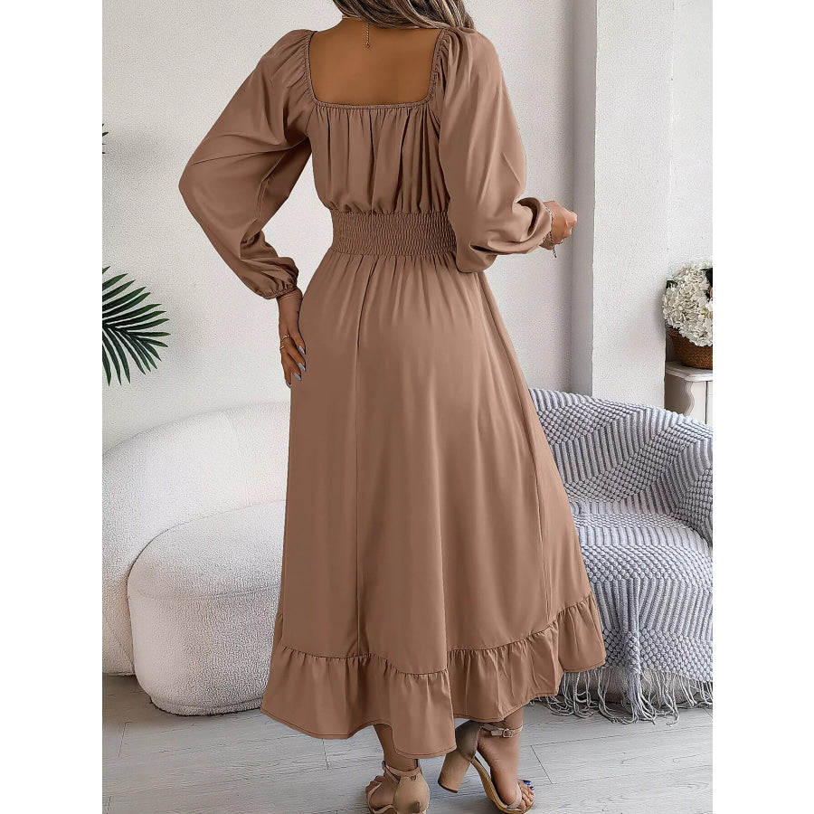 Square Neck Smocked Waist Long Sleeve Midi Dress Khaki Color / S Apparel and Accessories