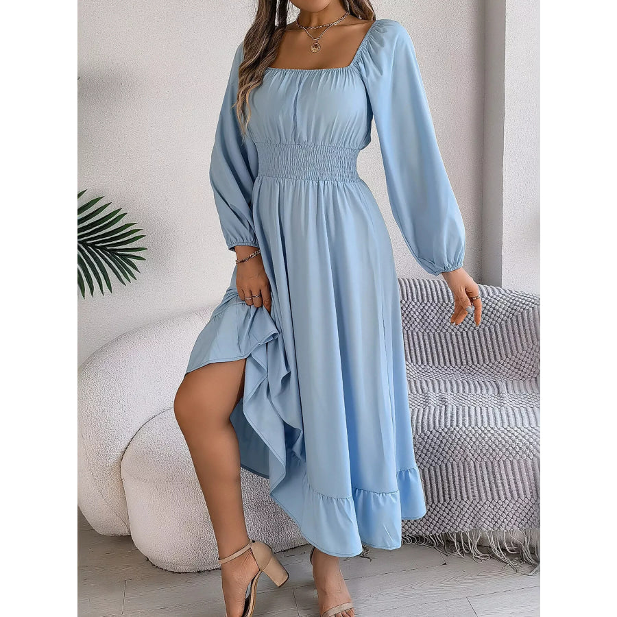 Square Neck Smocked Waist Long Sleeve Midi Dress Light Blue / S Apparel and Accessories