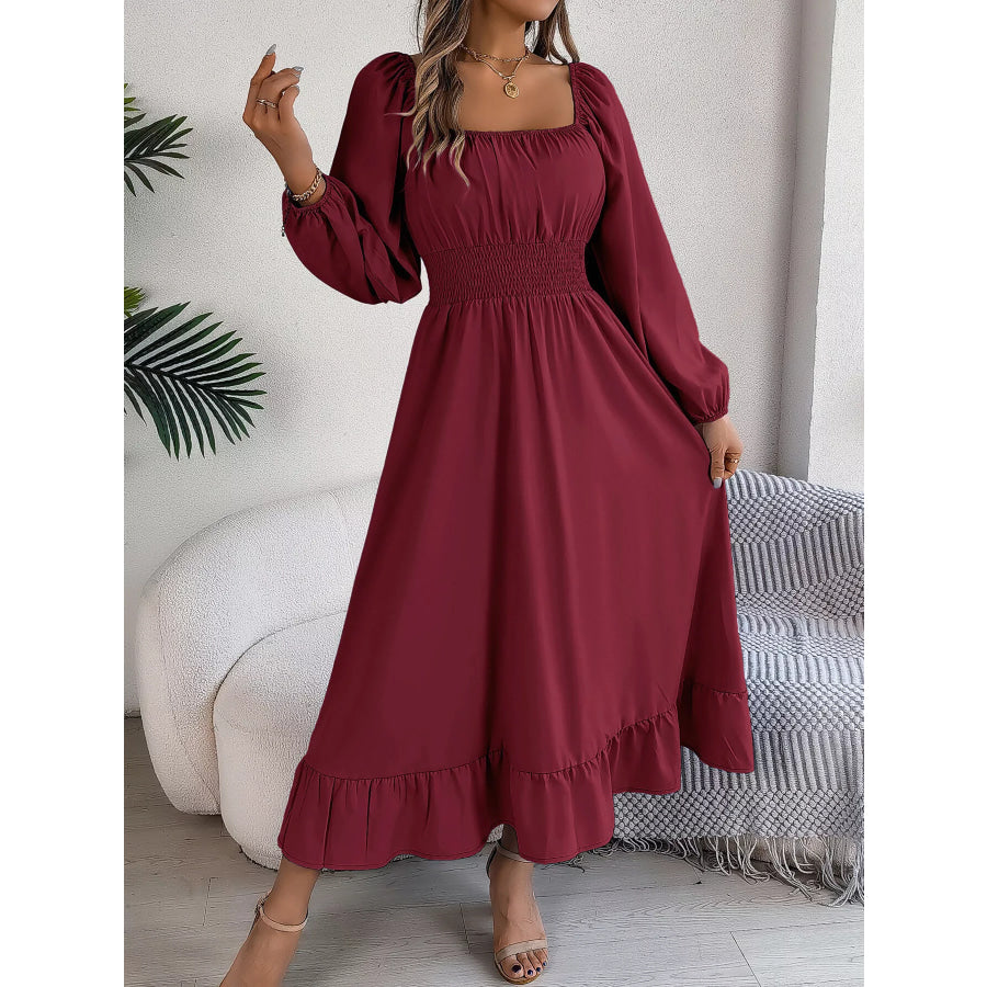 Square Neck Smocked Waist Long Sleeve Midi Dress Wine Red / S Apparel and Accessories