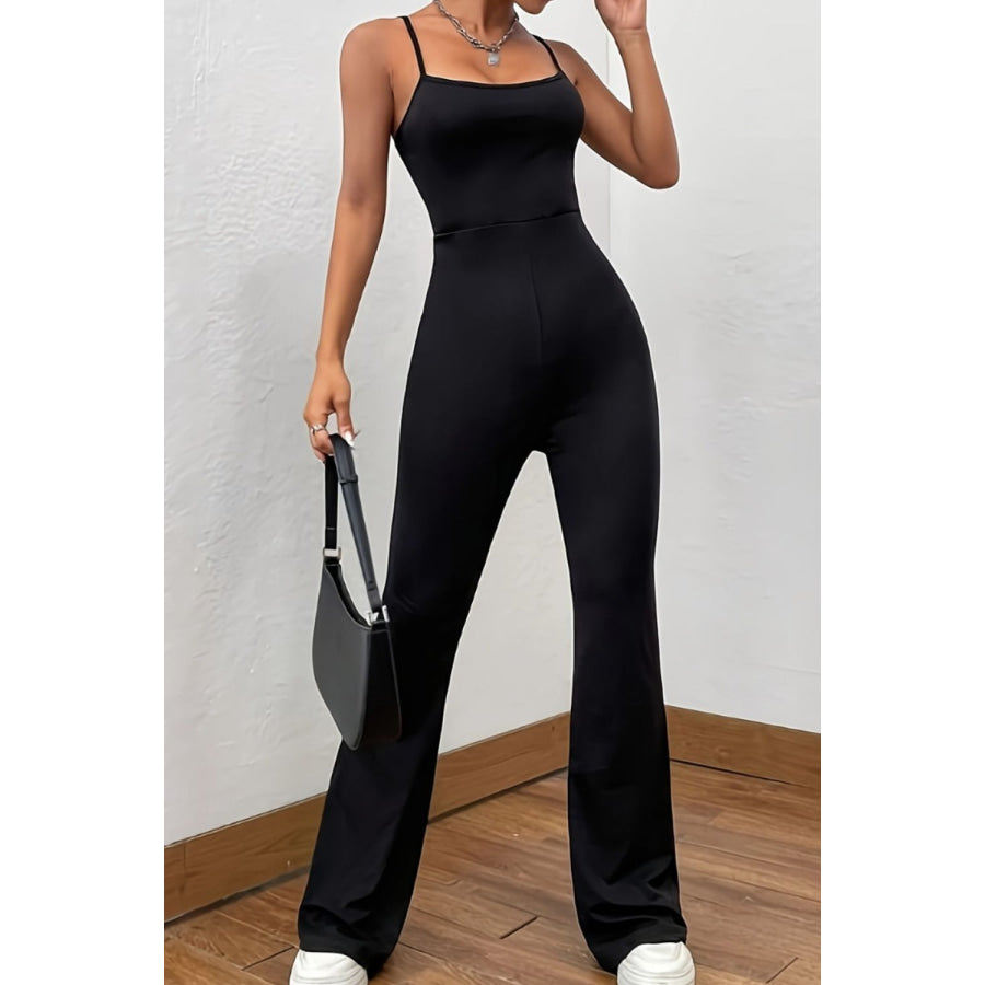 Square Neck Spaghetti Strap Jumpsuit Black / S Apparel and Accessories