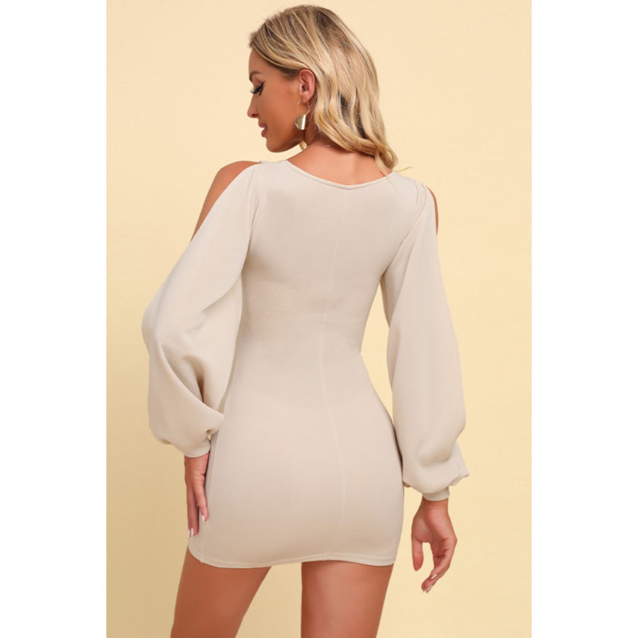 Square Neck Split Sleeve Mini Dress Cream / S