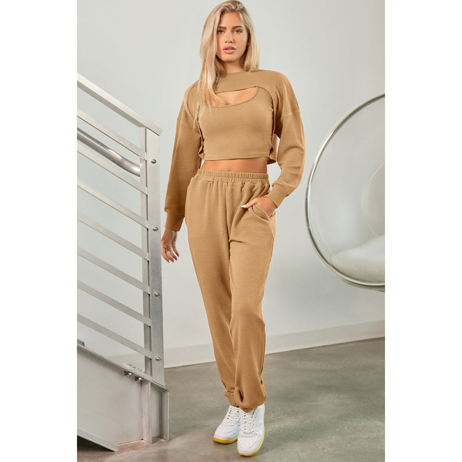 Square Neck Tank Cover Up and Joggers Active Set Tan / S Apparel and Accessories