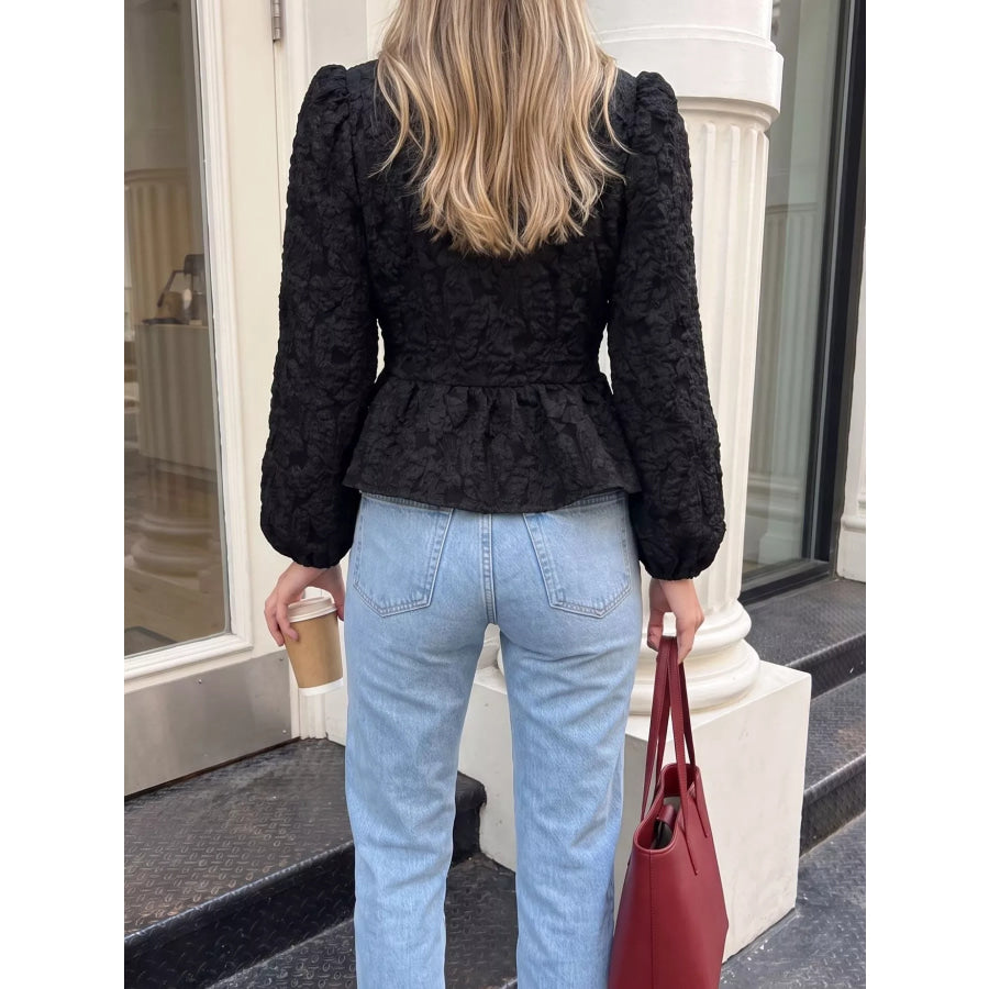 Square Neck Textured Peplum Blouse Apparel and Accessories