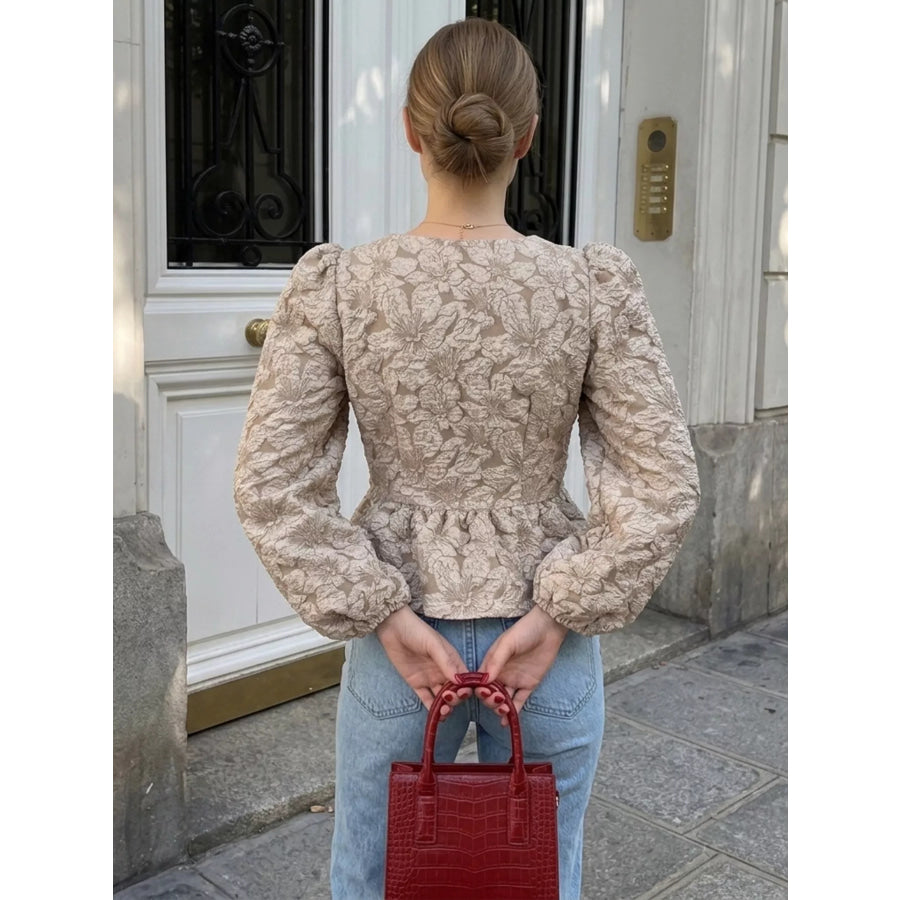 Square Neck Textured Peplum Blouse Apparel and Accessories