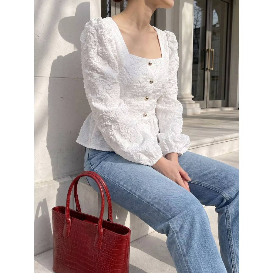 Square Neck Textured Peplum Blouse Apparel and Accessories