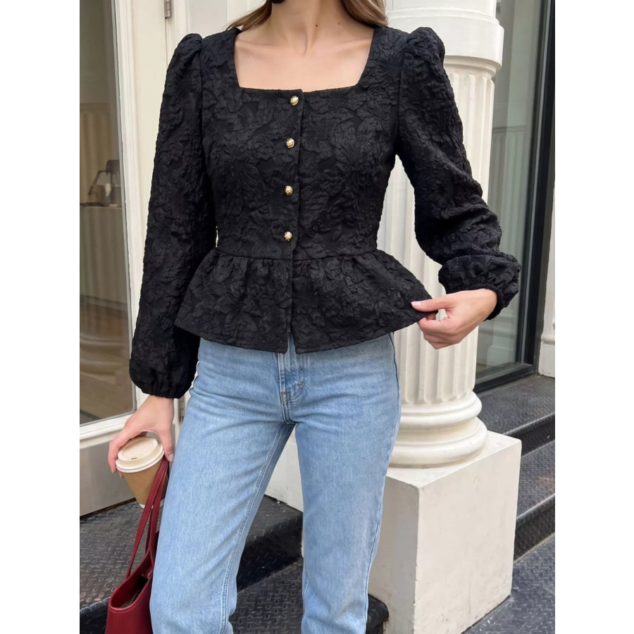 Square Neck Textured Peplum Blouse Apparel and Accessories