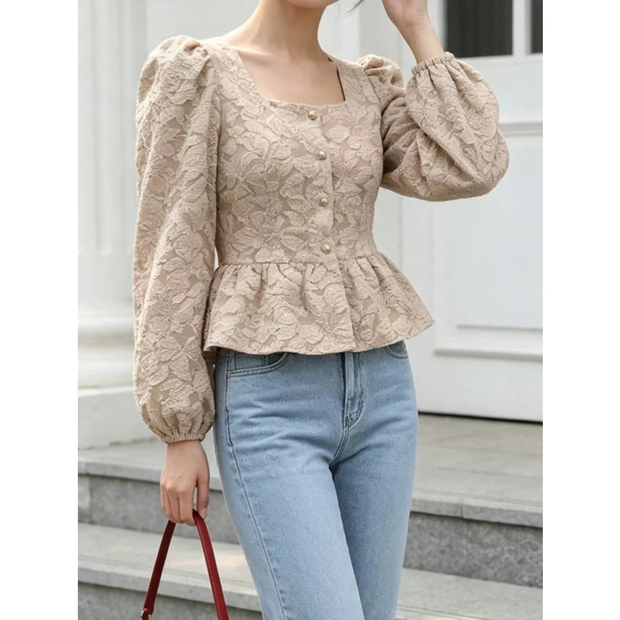 Square Neck Textured Peplum Blouse Apparel and Accessories