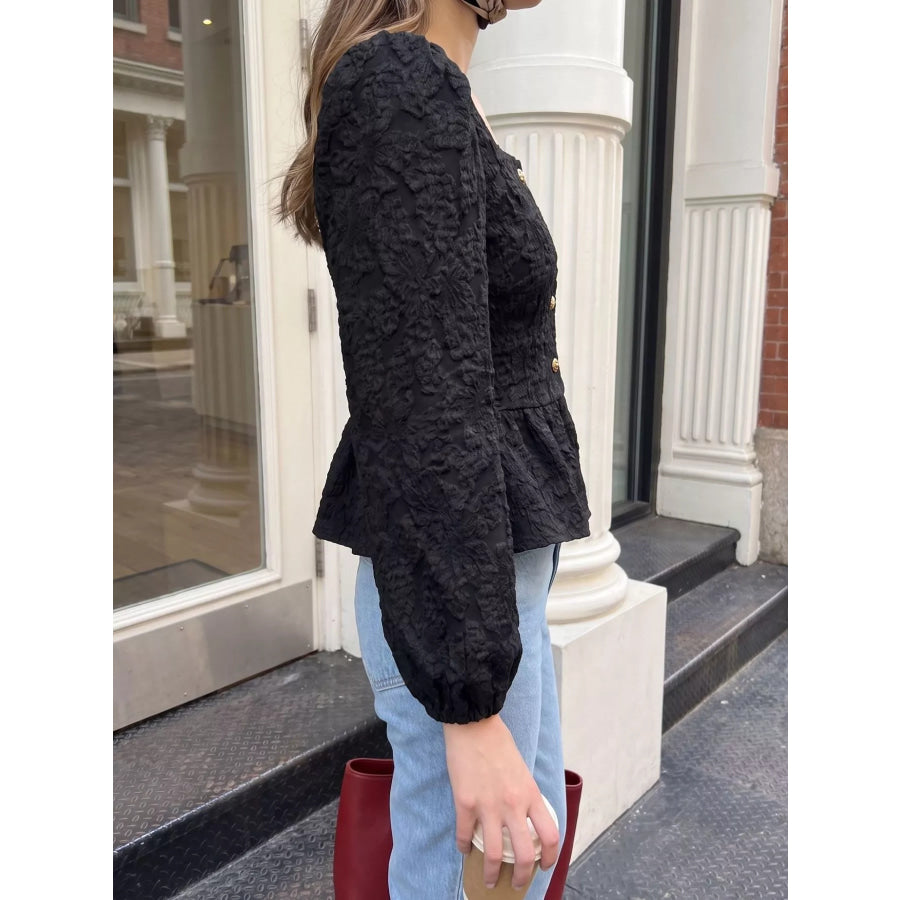 Square Neck Textured Peplum Blouse Apparel and Accessories