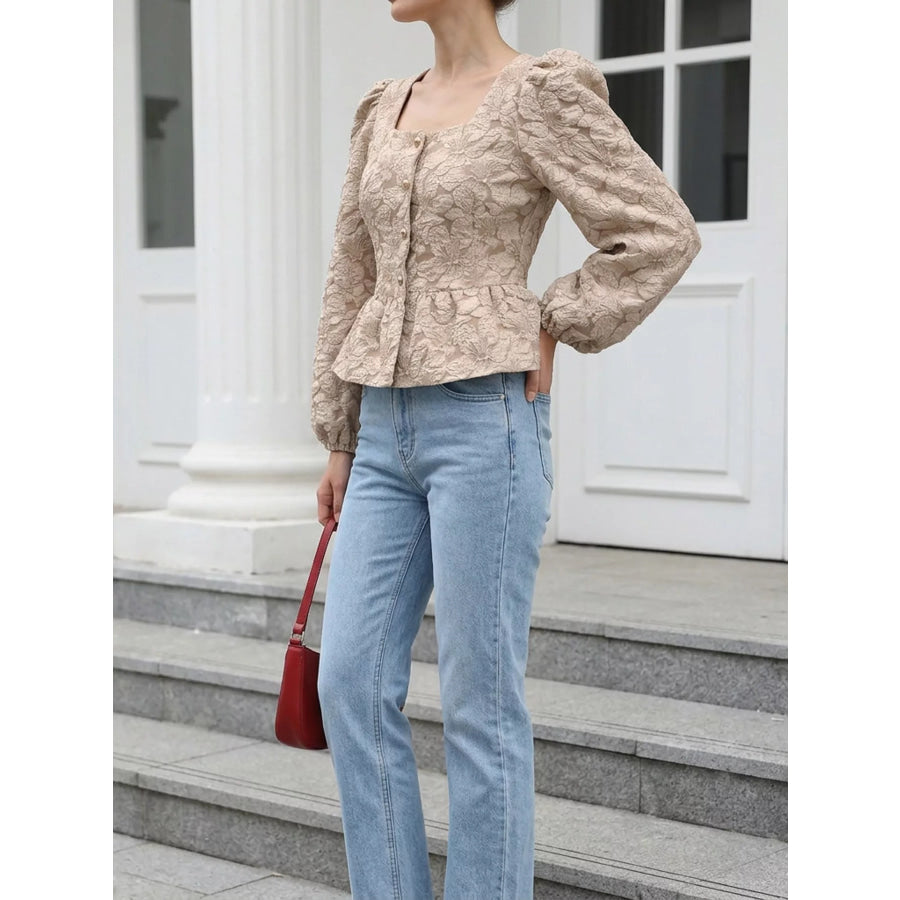 Square Neck Textured Peplum Blouse Apparel and Accessories