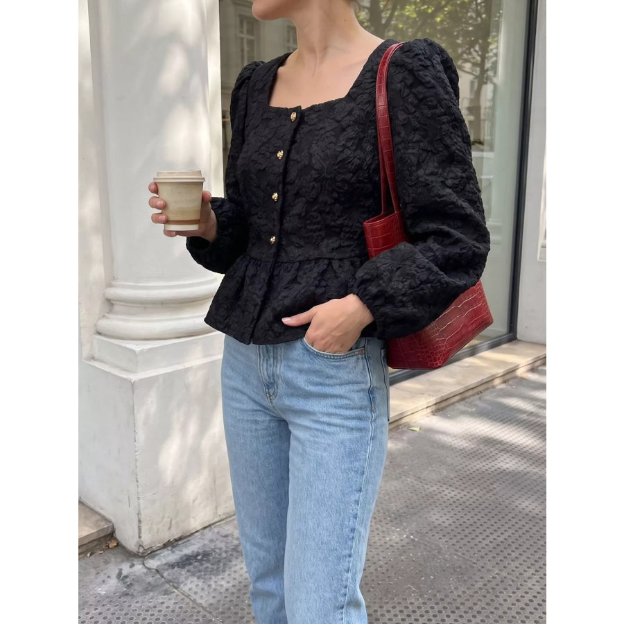 Square Neck Textured Peplum Blouse Apparel and Accessories
