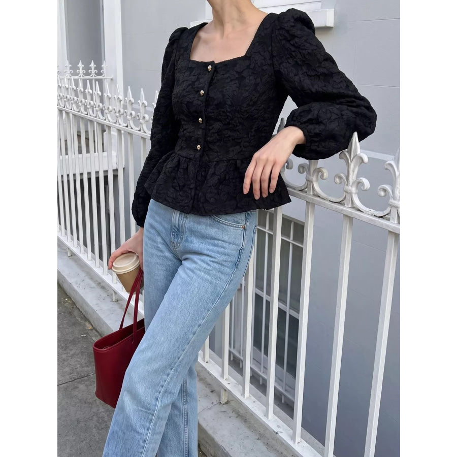 Square Neck Textured Peplum Blouse Black / S Apparel and Accessories