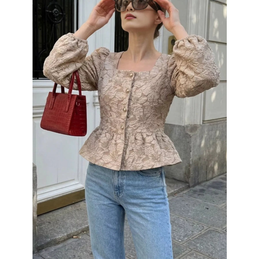 Square Neck Textured Peplum Blouse Khaki / S Apparel and Accessories