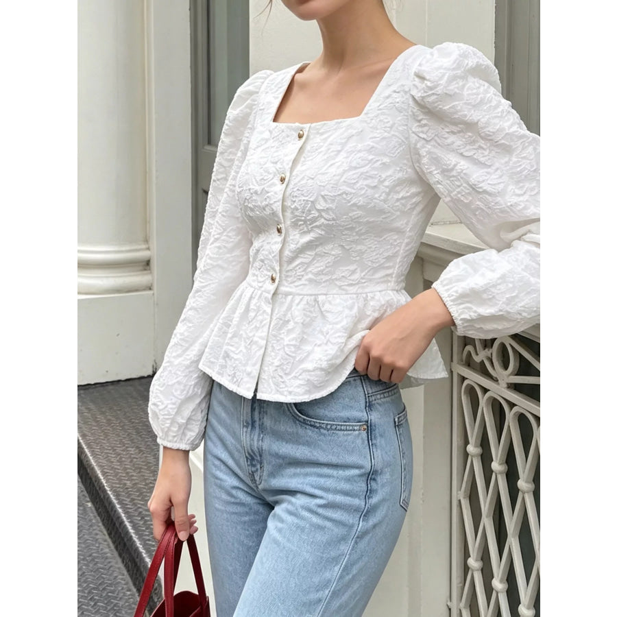 Square Neck Textured Peplum Blouse White / S Apparel and Accessories