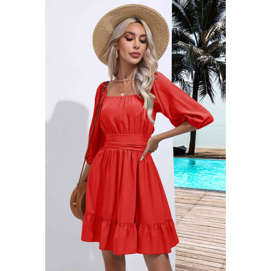 Square Neck Tie Back Ruffle Hem Dress Apparel and Accessories