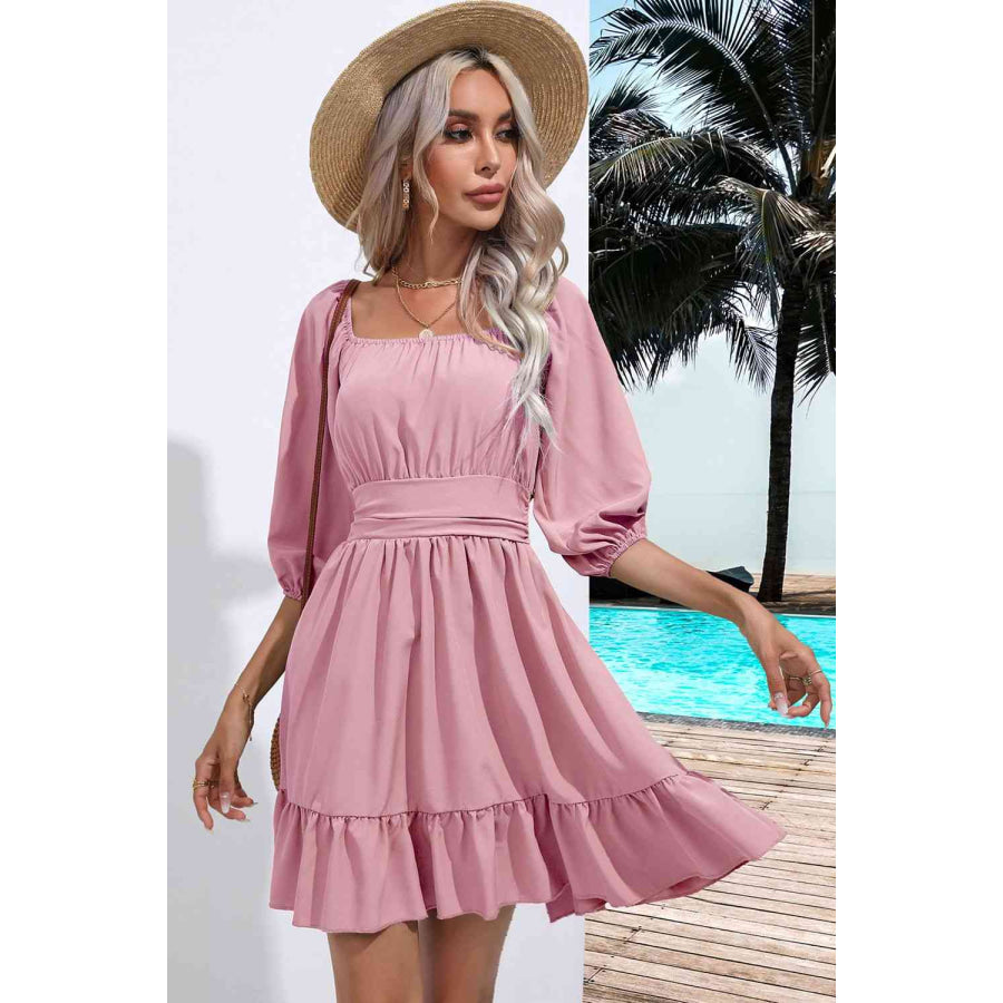 Square Neck Tie Back Ruffle Hem Dress Apparel and Accessories