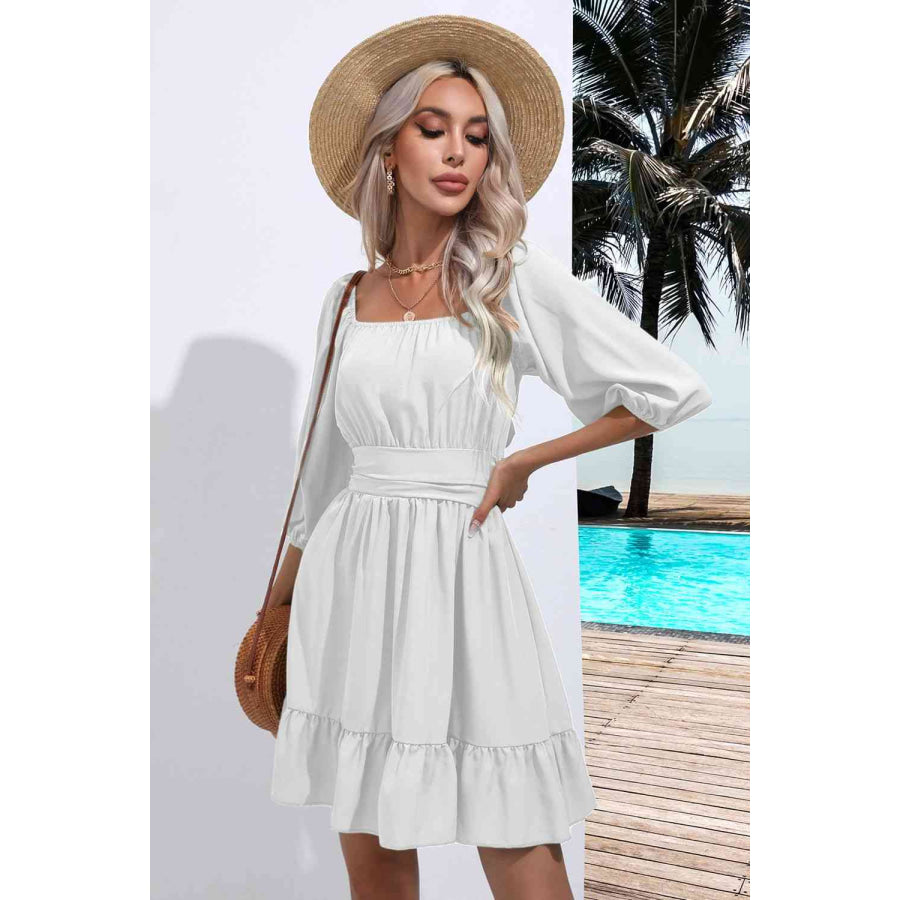 Square Neck Tie Back Ruffle Hem Dress Apparel and Accessories