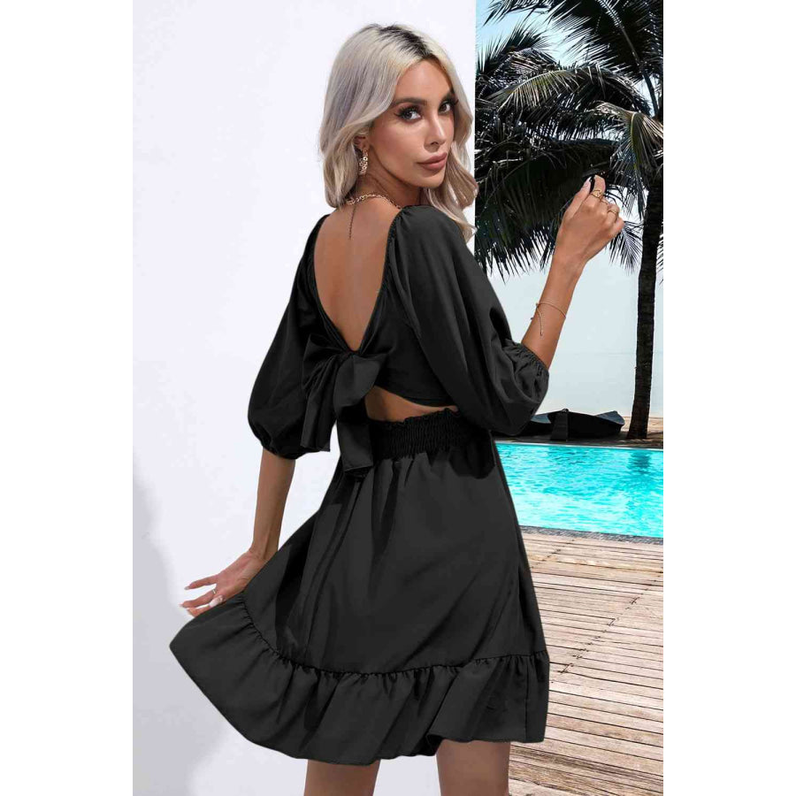 Square Neck Tie Back Ruffle Hem Dress Apparel and Accessories