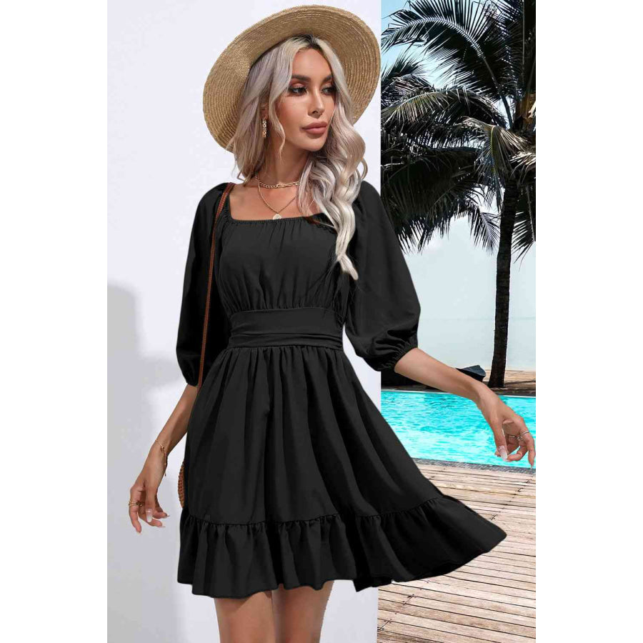 Square Neck Tie Back Ruffle Hem Dress Apparel and Accessories