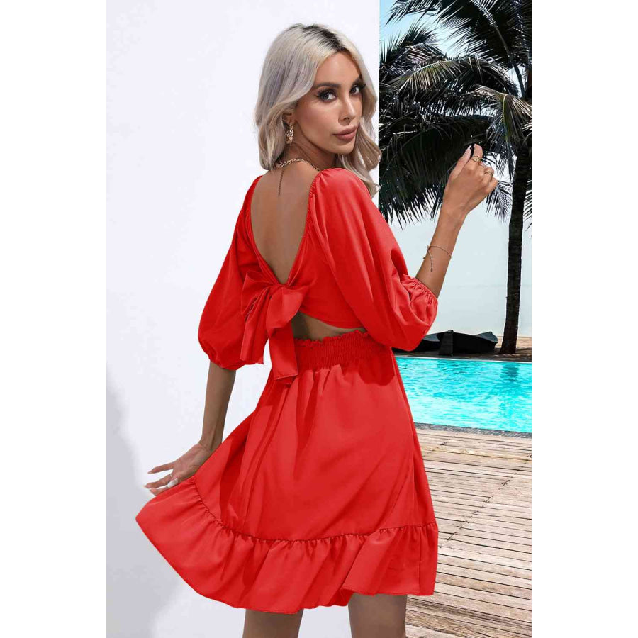 Square Neck Tie Back Ruffle Hem Dress Apparel and Accessories