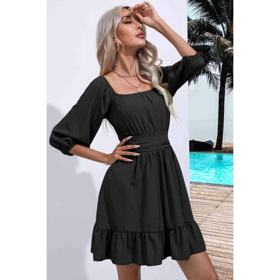 Square Neck Tie Back Ruffle Hem Dress Apparel and Accessories