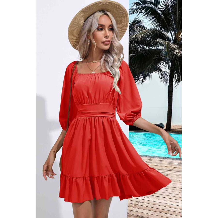 Square Neck Tie Back Ruffle Hem Dress Apparel and Accessories