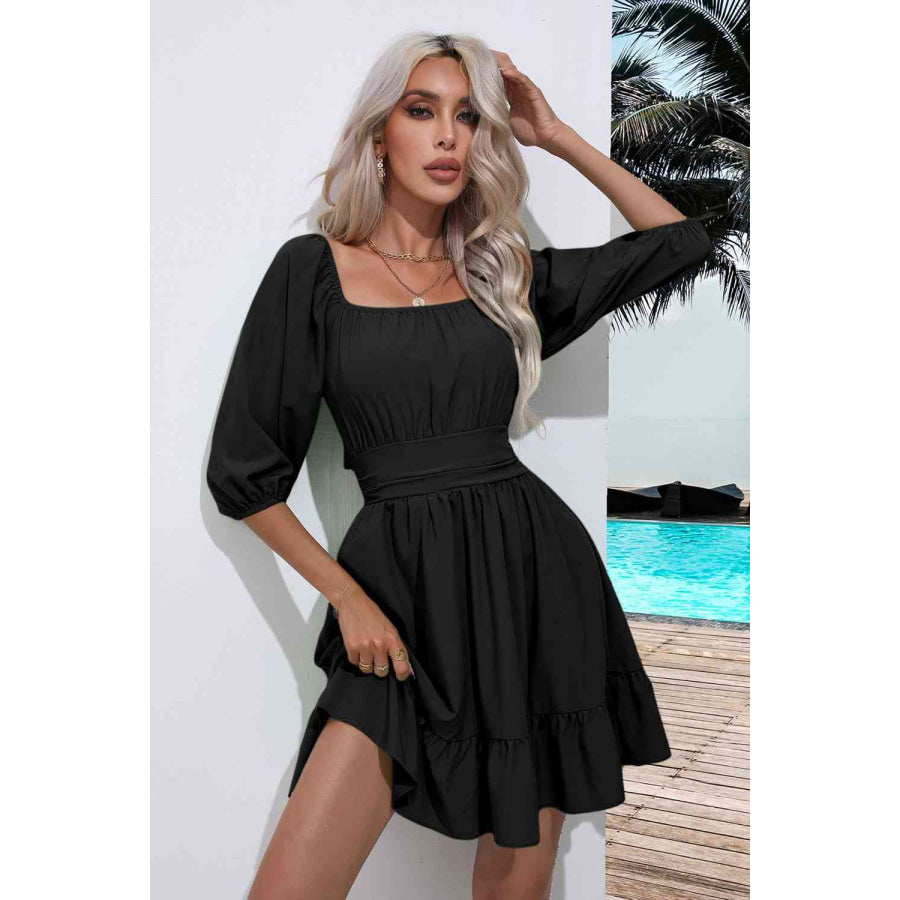 Square Neck Tie Back Ruffle Hem Dress Black / S Apparel and Accessories