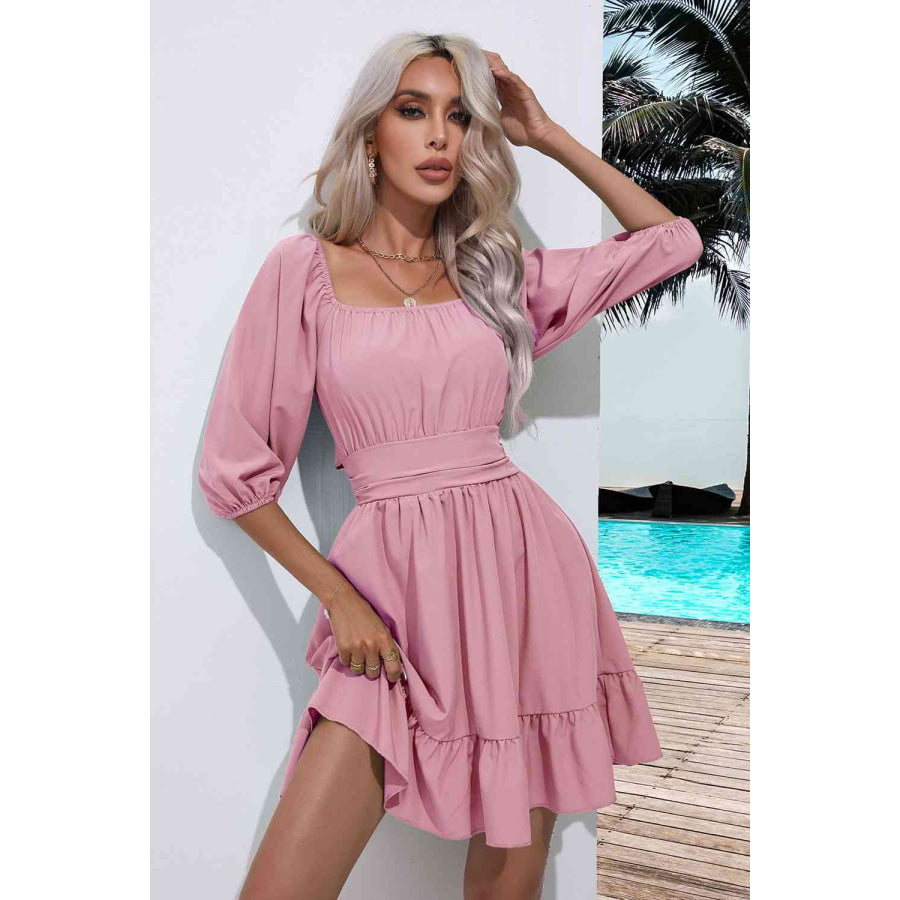 Square Neck Tie Back Ruffle Hem Dress Blush Pink / S Apparel and Accessories