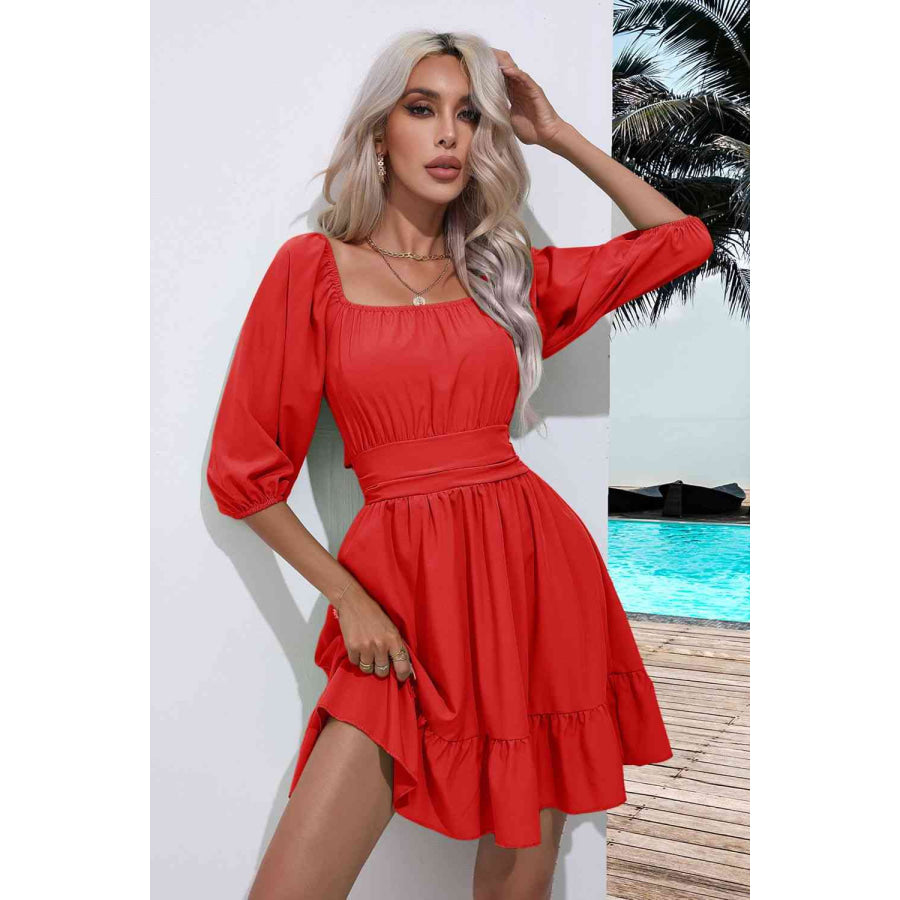 Square Neck Tie Back Ruffle Hem Dress Red / S Apparel and Accessories