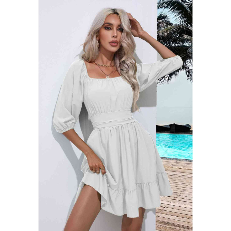 Square Neck Tie Back Ruffle Hem Dress White / S Apparel and Accessories