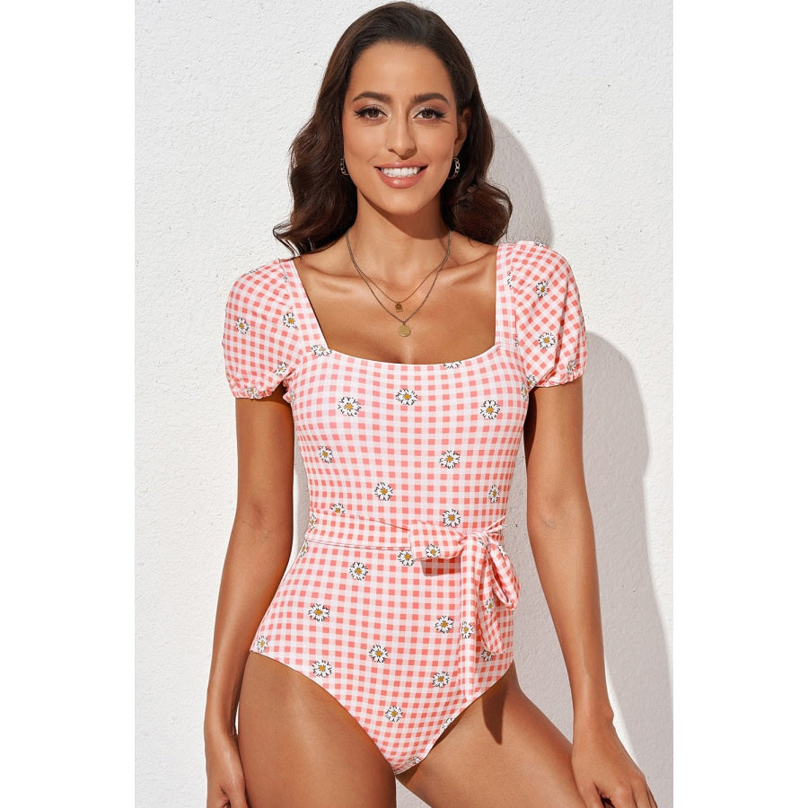 Square Neck Tie Detail One-Piece Swimsuit Pink / S