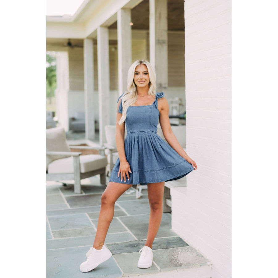 Square Neck Tie Shoulder Denim Dress Apparel and Accessories