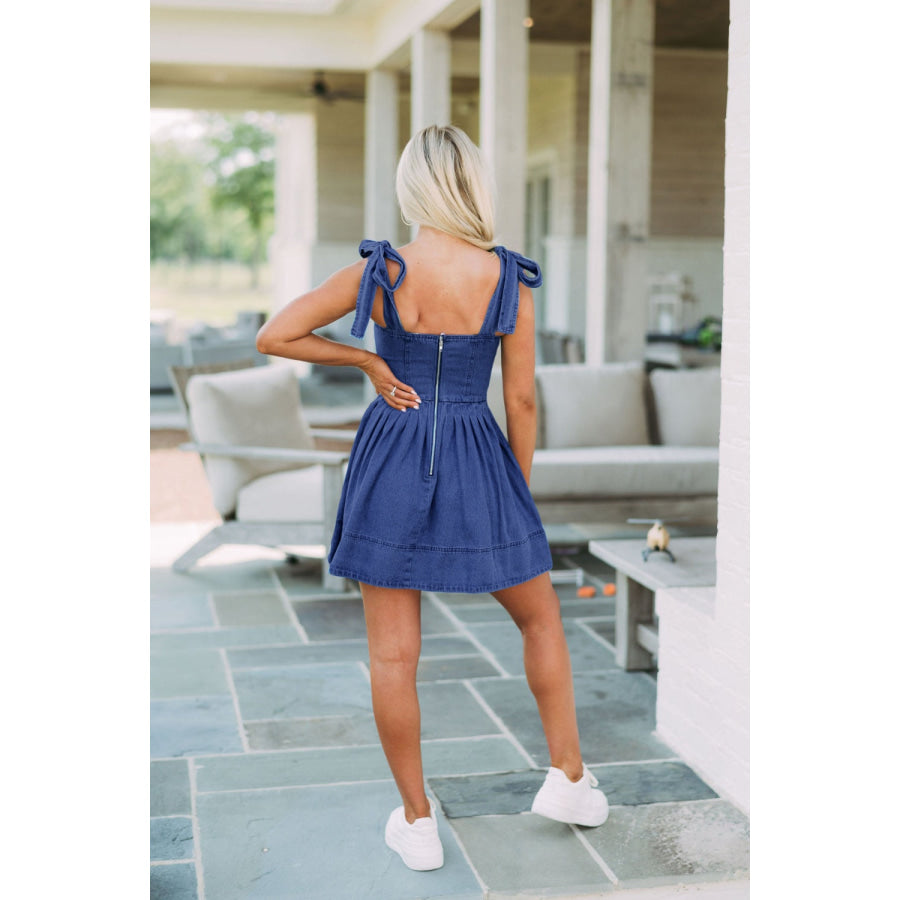 Square Neck Tie Shoulder Denim Dress Apparel and Accessories