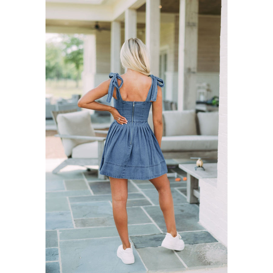 Square Neck Tie Shoulder Denim Dress Dusty Blue / S Apparel and Accessories