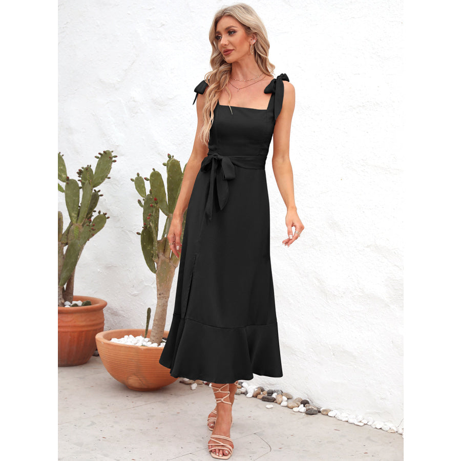 Square Neck Tie Strap Midi Dress Black / S