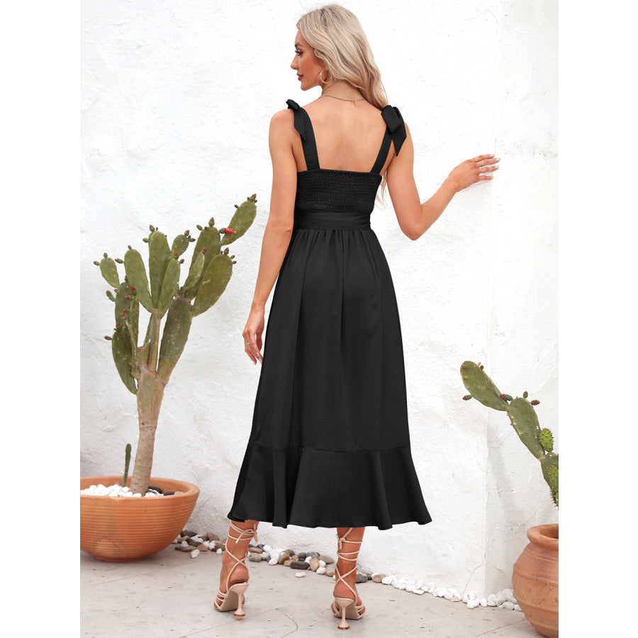 Square Neck Tie Strap Midi Dress Black / S