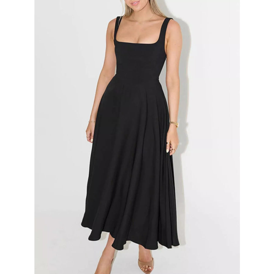 Square Neck Wide Strap A-Line Dress Black / S Apparel and Accessories