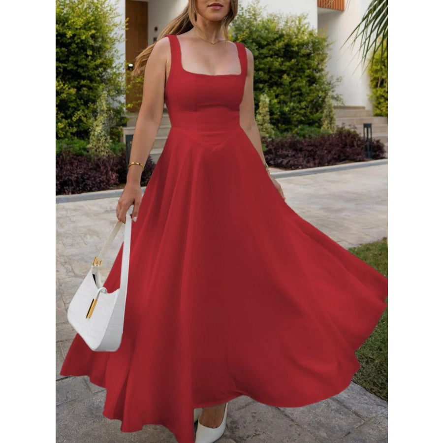 Square Neck Wide Strap A-Line Dress Navy Blue / S Apparel and Accessories