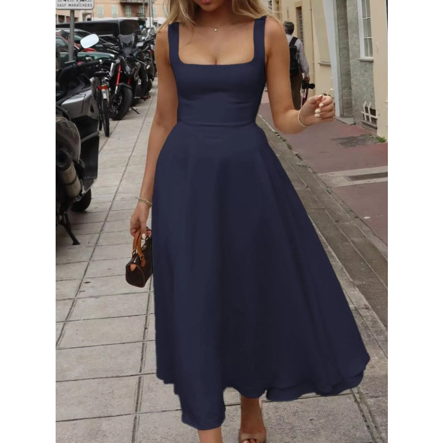 Square Neck Wide Strap A-Line Dress Red / S Apparel and Accessories